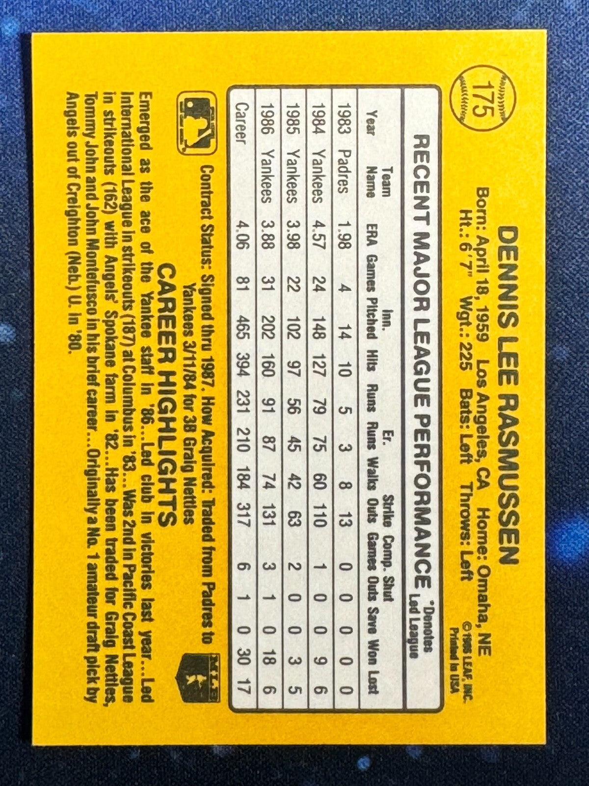 1987 Donruss #175 Dennis Rasmussen New York Mets