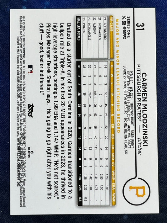 Carmen Mlodzinski 2024 Topps Baseball Rookie (RC) #31 Pittsburgh Pirates