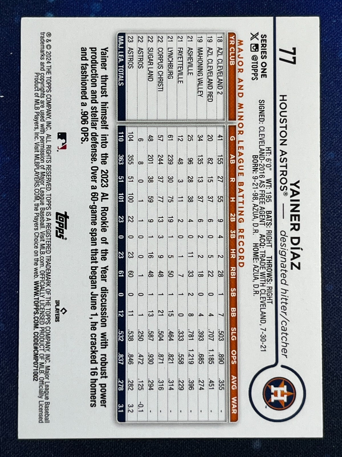Yainer Diaz 2024 Topps Baseball All Star Rookie #77 Houston Astros
