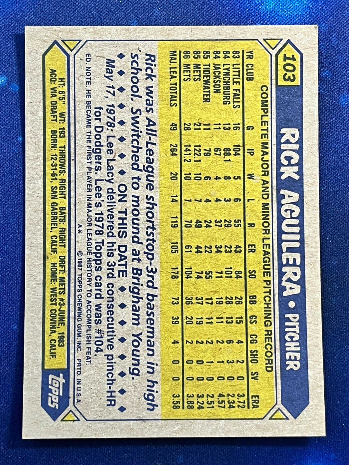 1987 Topps #103 Rick Aguilera New York Mets