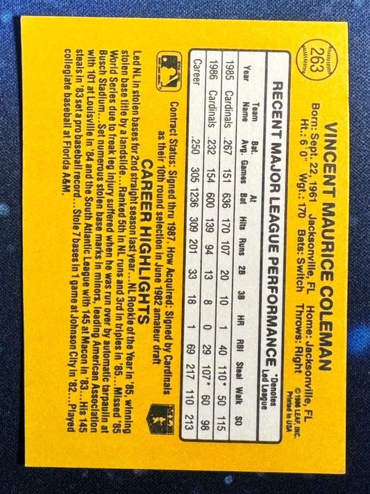 1987 Donruss #263 Vince Coleman St. Louis Cardinals