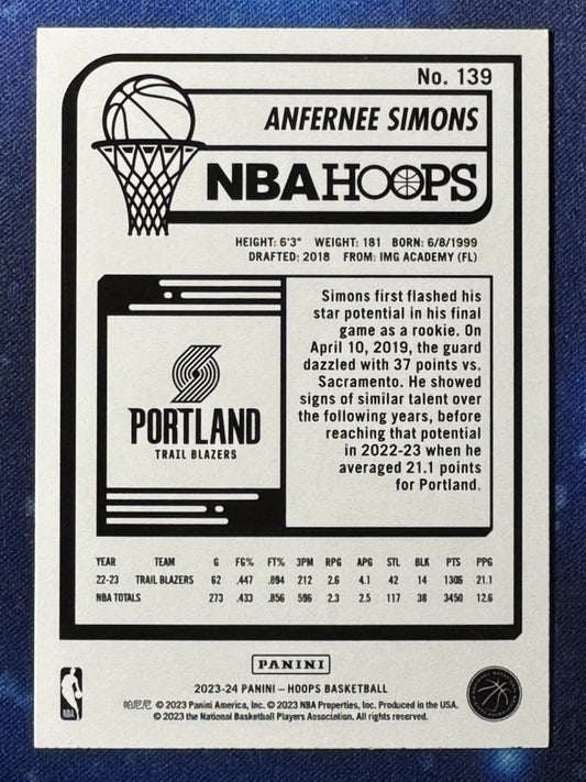 Anfernee Simons 2023-24 Panini NBA Hoops #139 Portland Trail Blazers