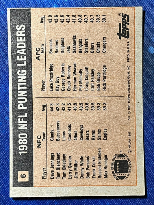 1981 Topps Football NFL Punting Leaders #6 Dave Jennings/Luke Prestridge