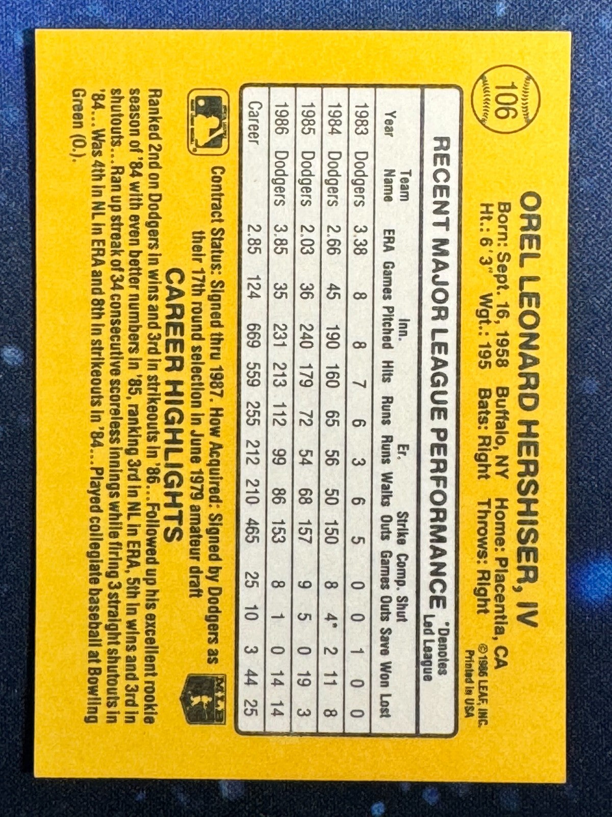 1987 Donruss #106 Orel Hershiser Los Angeles Dodgers