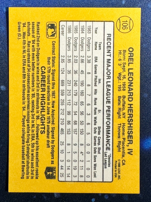 1987 Donruss #106 Orel Hershiser Los Angeles Dodgers