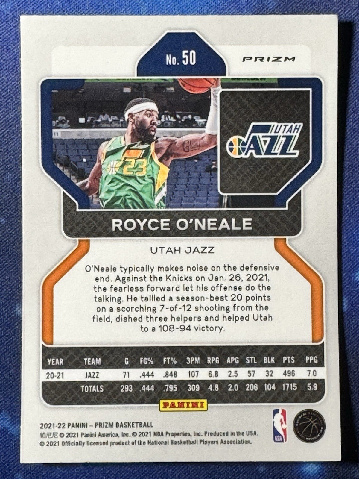 Royce O'Neale 2021-22 Panini Prizm Silver Prizm #50 Utah Jazz