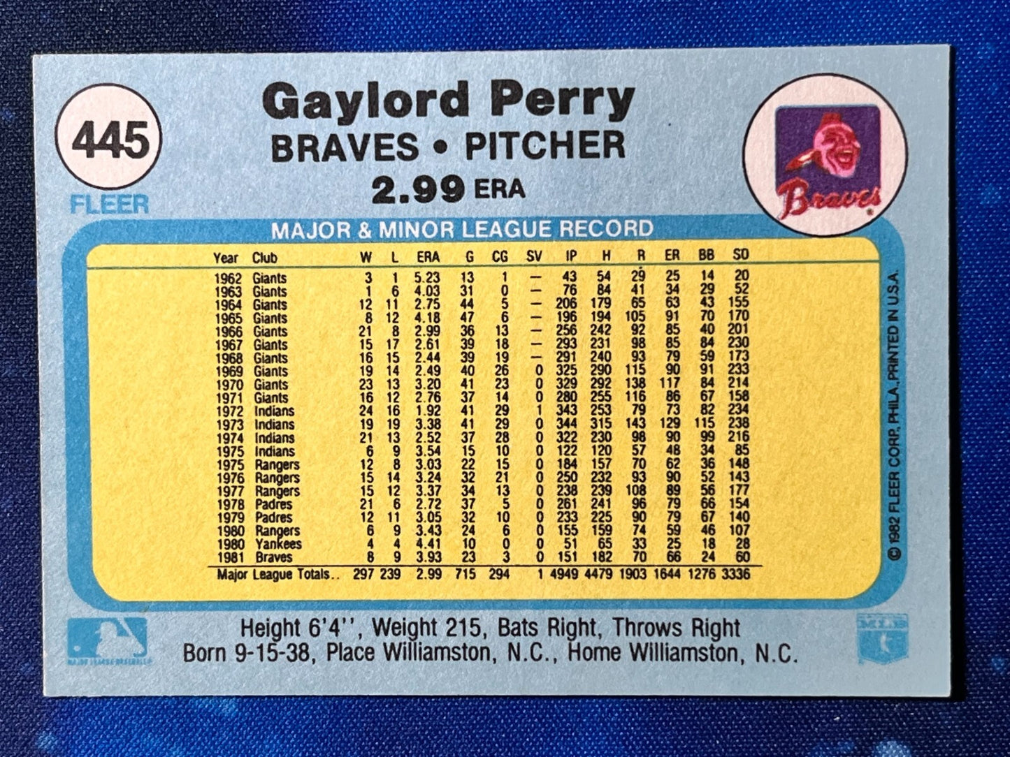 1982 Fleer #445 Gaylord Perry Atlanta Braves