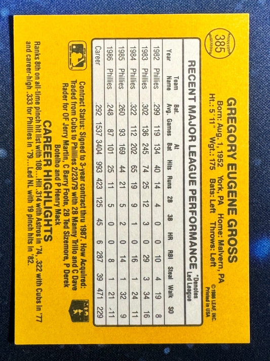 1987 Donruss #385 Greg Gross Philadelphia Phillies