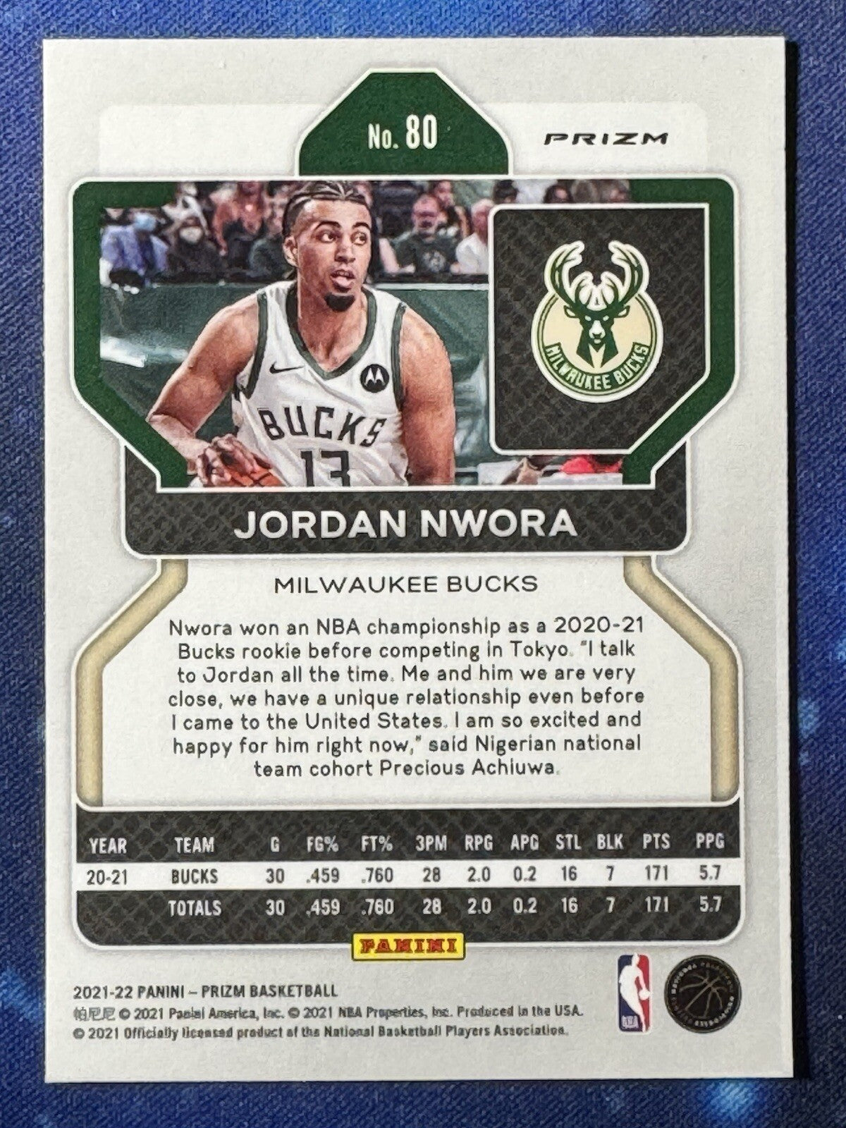 Jordan Nwora 2021-22 Panini Prizm Green Prizm #80 Milwaukee Bucks