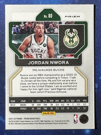 Jordan Nwora 2021-22 Panini Prizm Green Prizm #80 Milwaukee Bucks