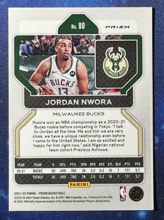 Jordan Nwora 2021-22 Panini Prizm Green Prizm #80 Milwaukee Bucks