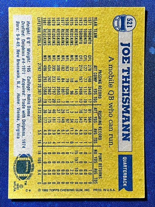 1982 Topps Football #521 Joe Theismann Washington Redskins