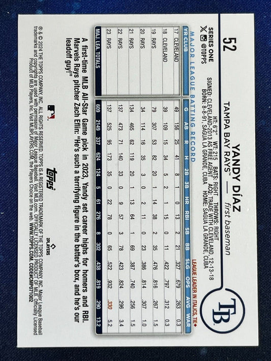 Yandy Diaz 2024 Topps Baseball #52 Tampa Bay Rays