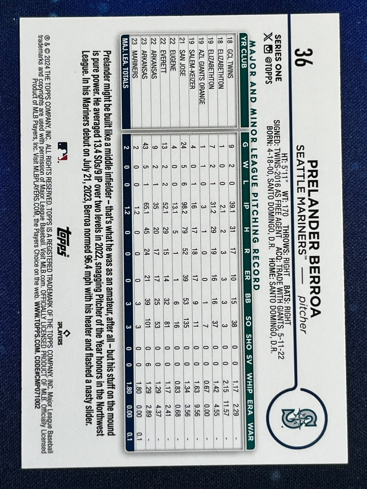 Prelander Berroa 2024 Topps Baseball Rookie (RC) #36 Seattle Seahawks