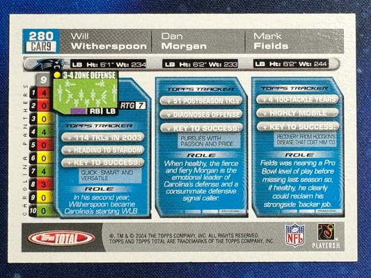 Will Witherspoon/Dan Morgan/Mark Fields 2004 Topps Total #280 Panthers