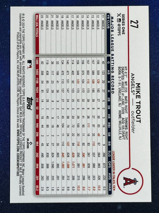 Mike Trout 2024 Topps Baseball #27 Los Angeles Angels