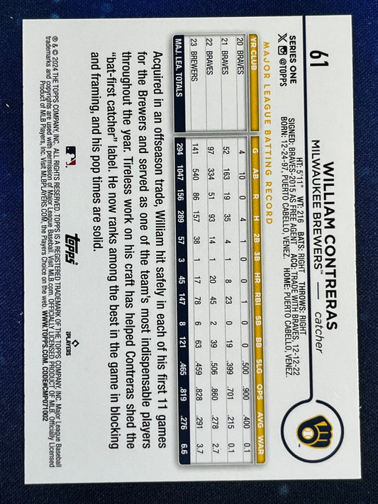 William Contreras 2024 Topps Baseball #61 Milwaukee Brewers