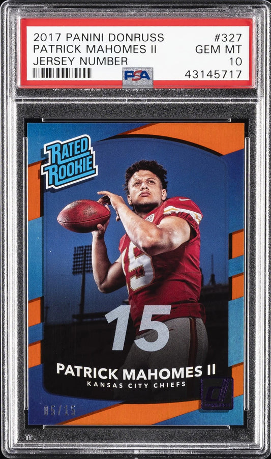 2017 Panini Donruss Jersey Number #327 Patrick Mahomes II Rookie (RC) #/15 PSA 10